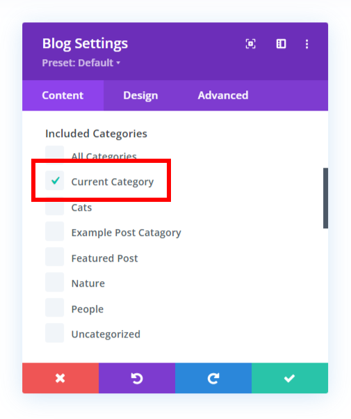 set Divi blog module to current category to show related posts