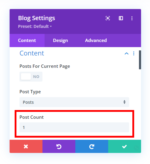 set the Divi blog post count to 1 post for the related post carousel