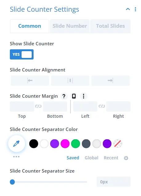Divi Carousel Maker Slide Counter settings toggle