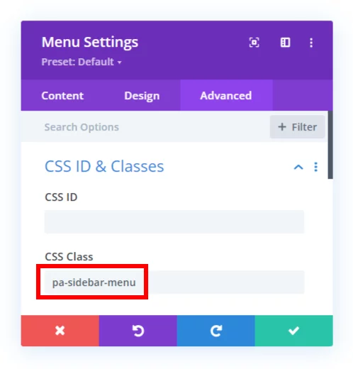 adding the CSS class for the Divi sidebar menu