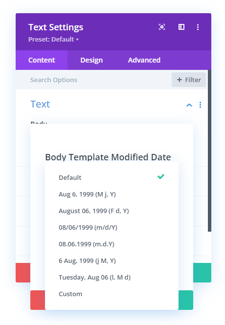 showing the date format options in the last modified date in Divi