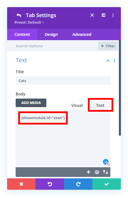 add the shortcode to the Divi tab content area to show the blog posts by category