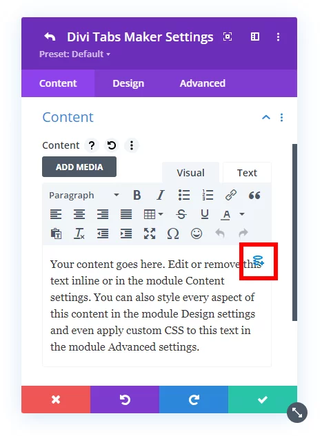 click the dynamic content icon to add the blog modules to the tab content area