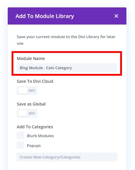 give a name for each cateogry of blog module saved to the Divi Library