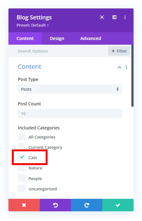 select a cateogry in the Divi Blog module to show in each tab