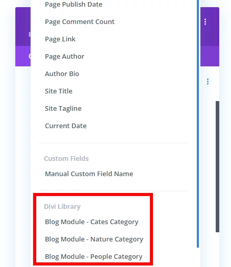 select the blog modules saved in the Divi Library using dyanamic content in the tab module