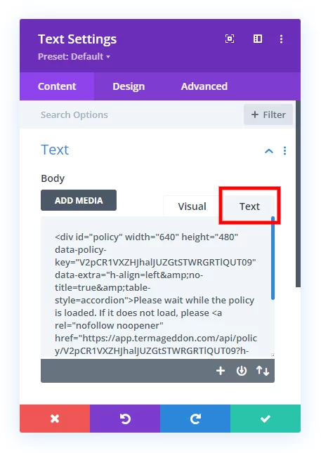 paste the Termageddon policy embed code into Divi