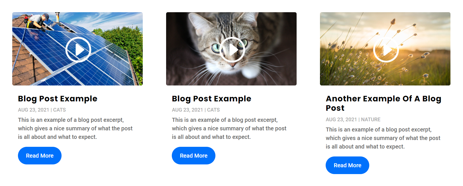 screenshot example of the the Divi Blog module showing video players in the grid