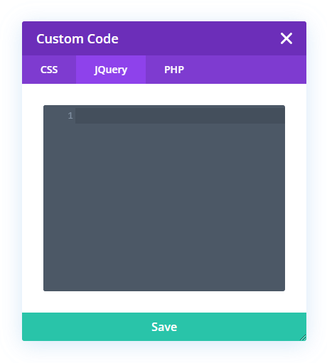 Custom jQuery code window in the Code Helper in the Divi Assistant Plugin