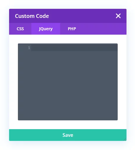 Custom jQuery code window in the Code Helper in the Divi Assistant Plugin