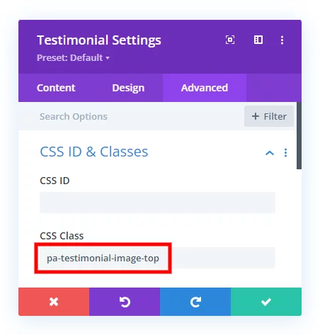 add a custom CSS class to the Divi Testimonial module to change the profile image position