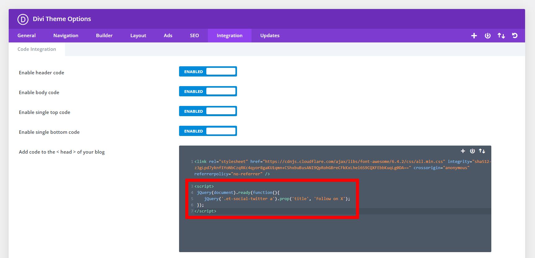 add jQuery to replace the Twitter hover tooltip in the Divi Social Follow module
