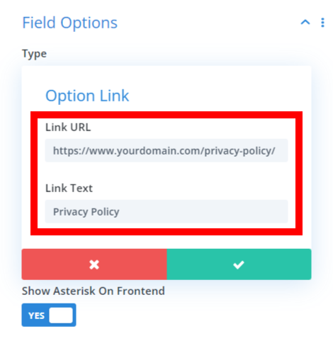 adding a link in a checkbox field in the Divi Contact Form to link to a privacy policy