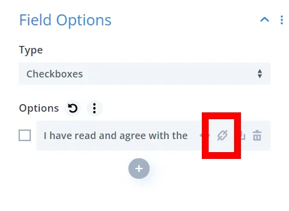 click the link icon in the checkbox field of the Divi Contact Form to add a link