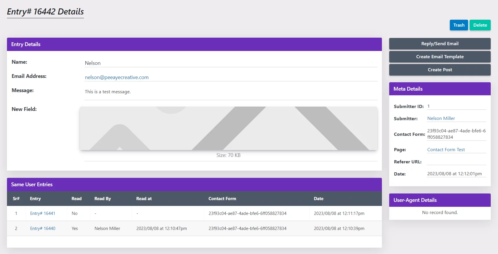 viewing an individual entry in the Divi Contact Form Helper Plugin by Pee-Aye Creative viewing an individual entry in the Divi Contact Form Helper Plugin by Pee Aye Creative