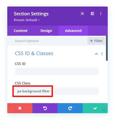 add a custom css class in Divi sections or rows to apply a blur or other filter affect