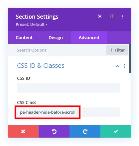 add css class to make the Divi header hidden before scroll