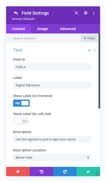 add label and description text for the digital signature field in Divi