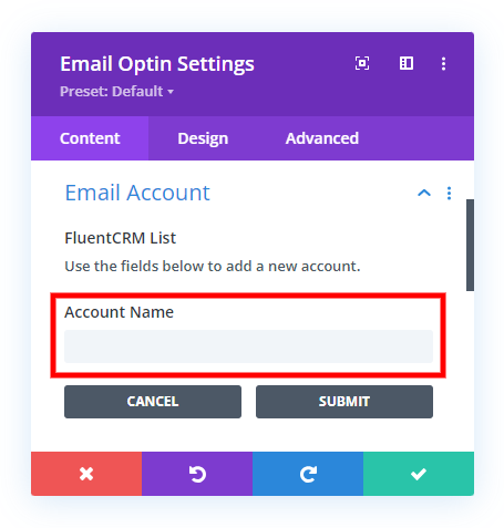 add the Account Name to integration FluentCRM to the Email Optin module