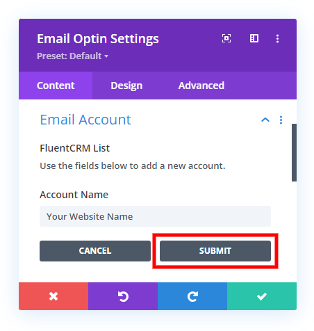 click the submit button to integrate FluentCRM and Divi