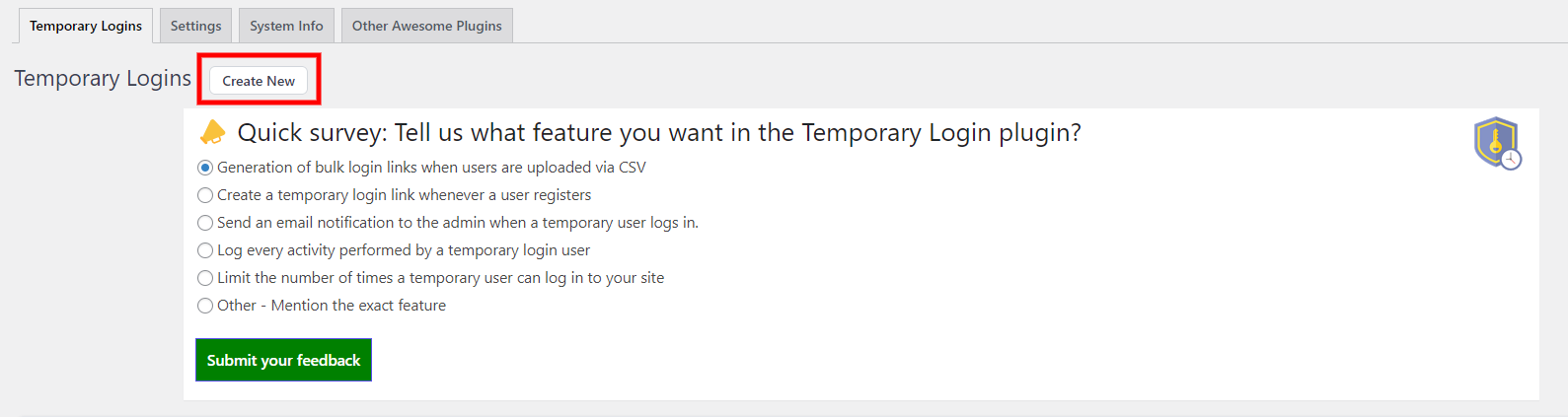 create new temporary login without password plugin