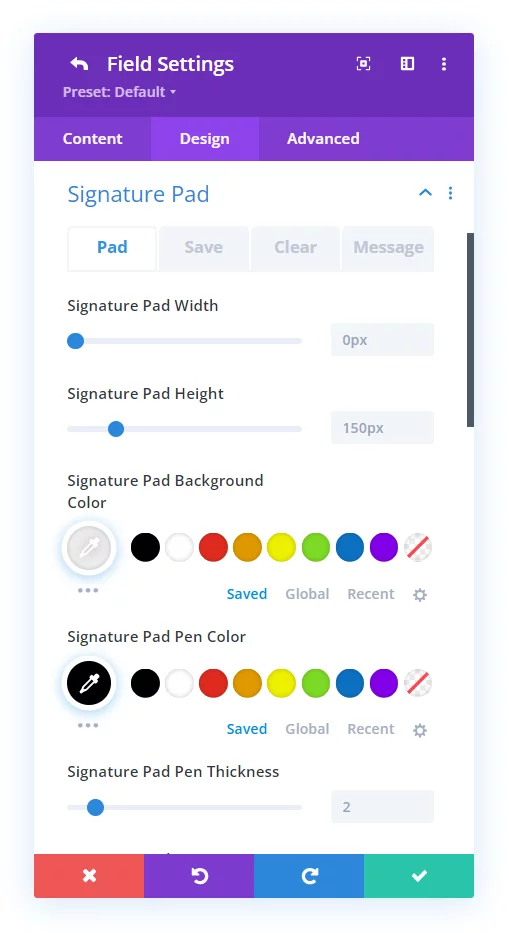 digitial signature field design settings in the Divi Contact Form Helper plugin