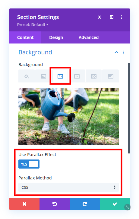 enable parallax affect as a trick to target the background image in Divi