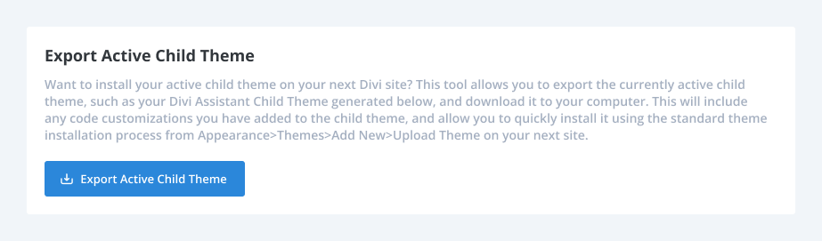 export active child theme in the Divi Assistant Plugin