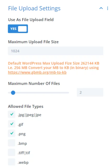 file upload settings in the Divi Contact Form Helper plugin 2