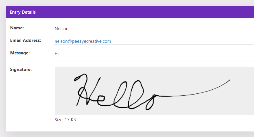save and view the digital signature in the entry in the Divi Contact Form Helper