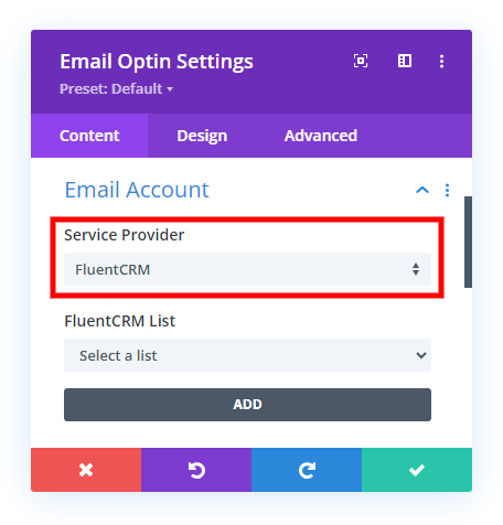select FluentCRM as the service provider in the Divi Email Optin module