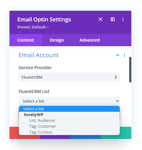 select the FluentCRM email marketing list from the dropdown in the Divi Email Optin module