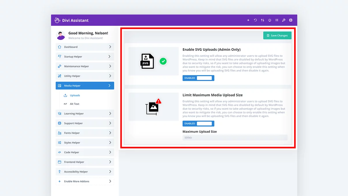 user interface setting area in the Divi Assistant Plugin by Pee Aye Creative