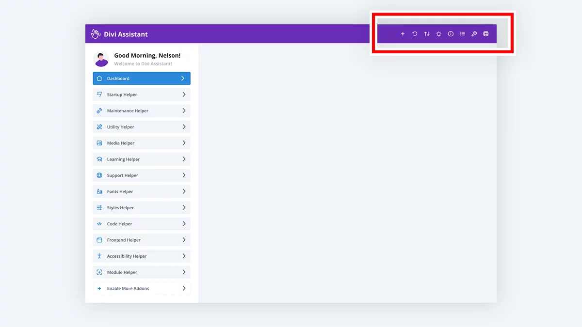 user interface tob bar in the Divi Assistant Plugin by Pee Aye Creative