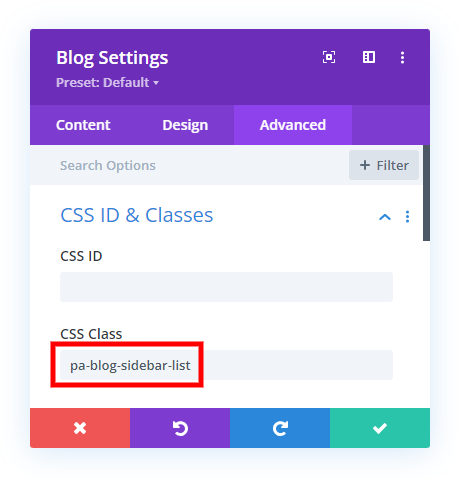 add a CSS class for setting up the Divi Blog module to as a slidebar list