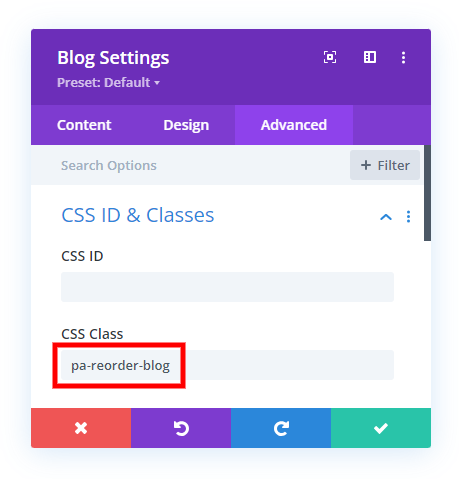 add a CSS class to reorder the elements in the Divi Blog module