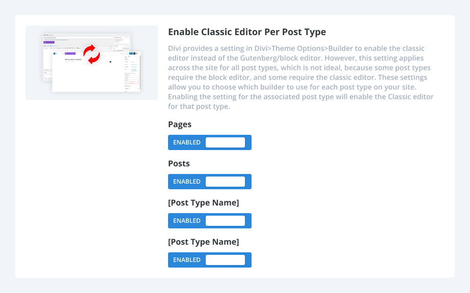 how to Enable Classic Editor Per Post Type using the Divi Assistant plugin