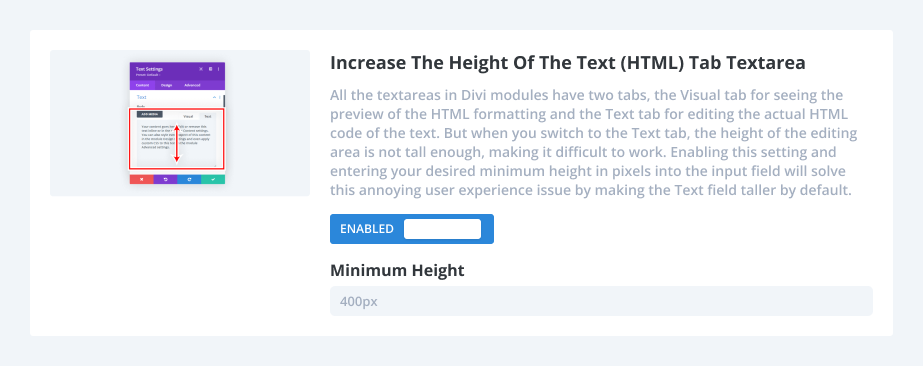 how to Increase The Height Of The Text (HTML) Tab Textarea using the Divi Assistant plugin