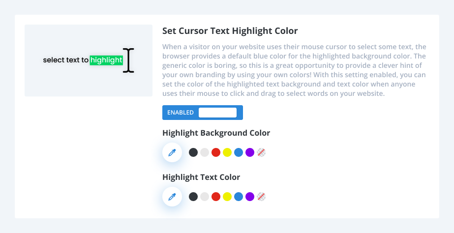how to Set Cursor Text Highlight Color using the Divi Assistant plugin