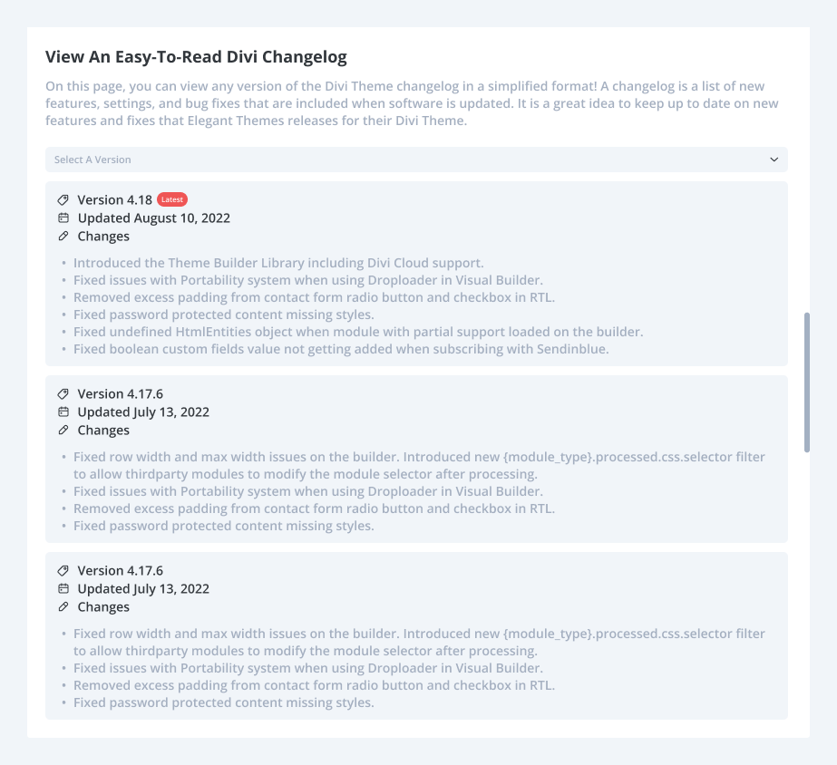 how to View An Easy To Read Divi Changelog using the Divi Assistant plugin