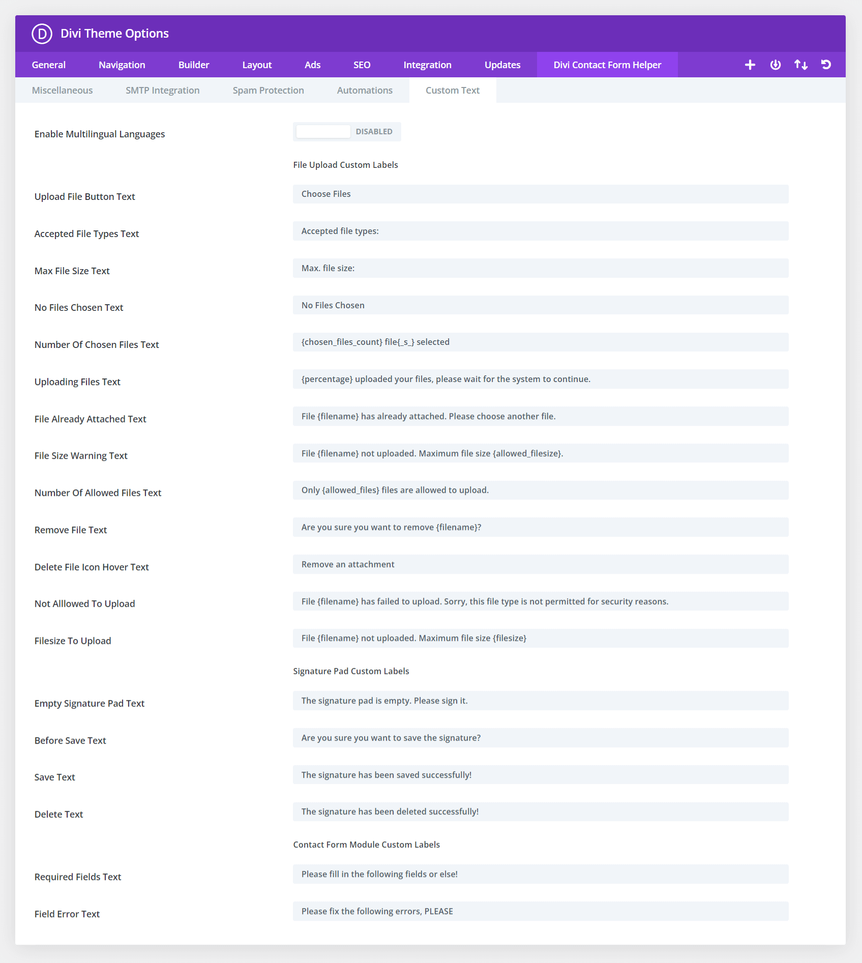 Custom Text and Multilingual text In Theme Options Divi Contact Form Helper Plugin by Pee Aye Creative