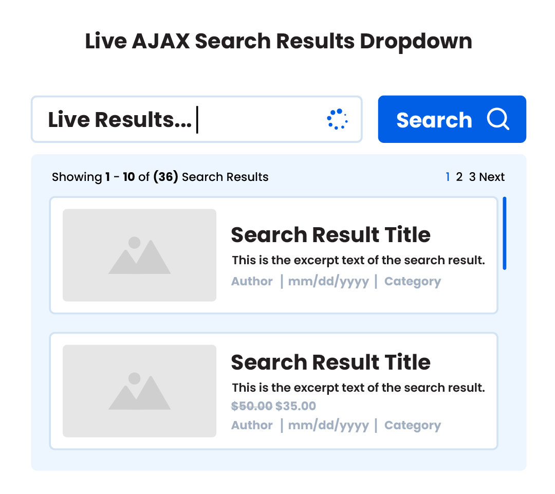 Live AJAX Search Results Dropdown in the Divi Search Helper plugin by Pee Aye Creative