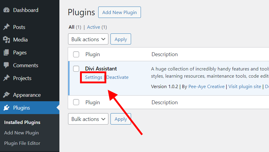 convenient new settings link in plugins list for Divi Assistant