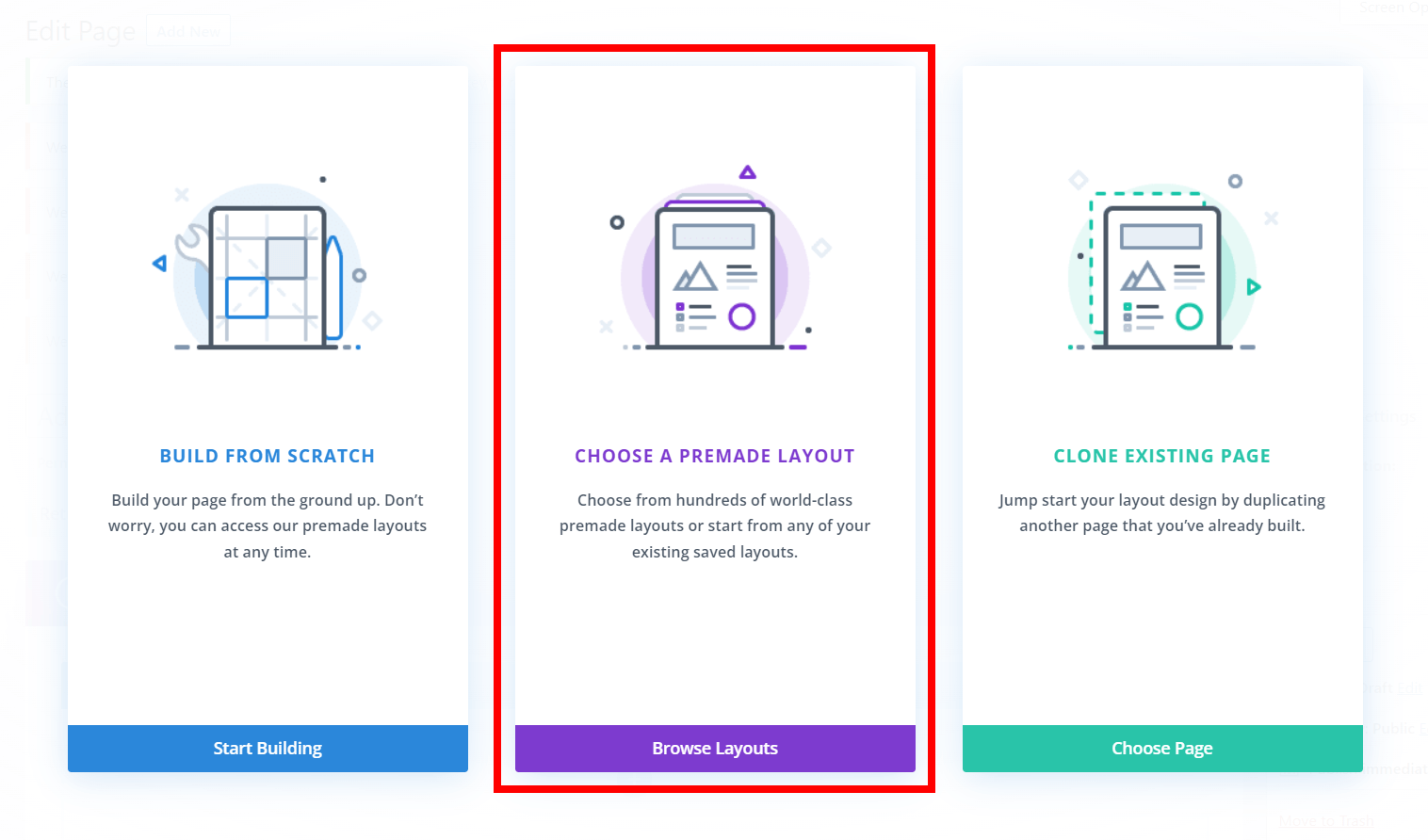 disable the new Divi page options to use a premade Divi layouts in the Visual Builder