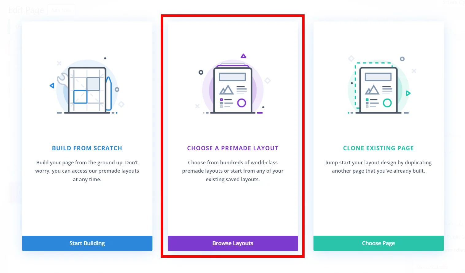 disable the new Divi page options to use a premade Divi layouts in the Visual Builder disable the new Divi page options to use a premade Divi layouts in the Visual Builder
