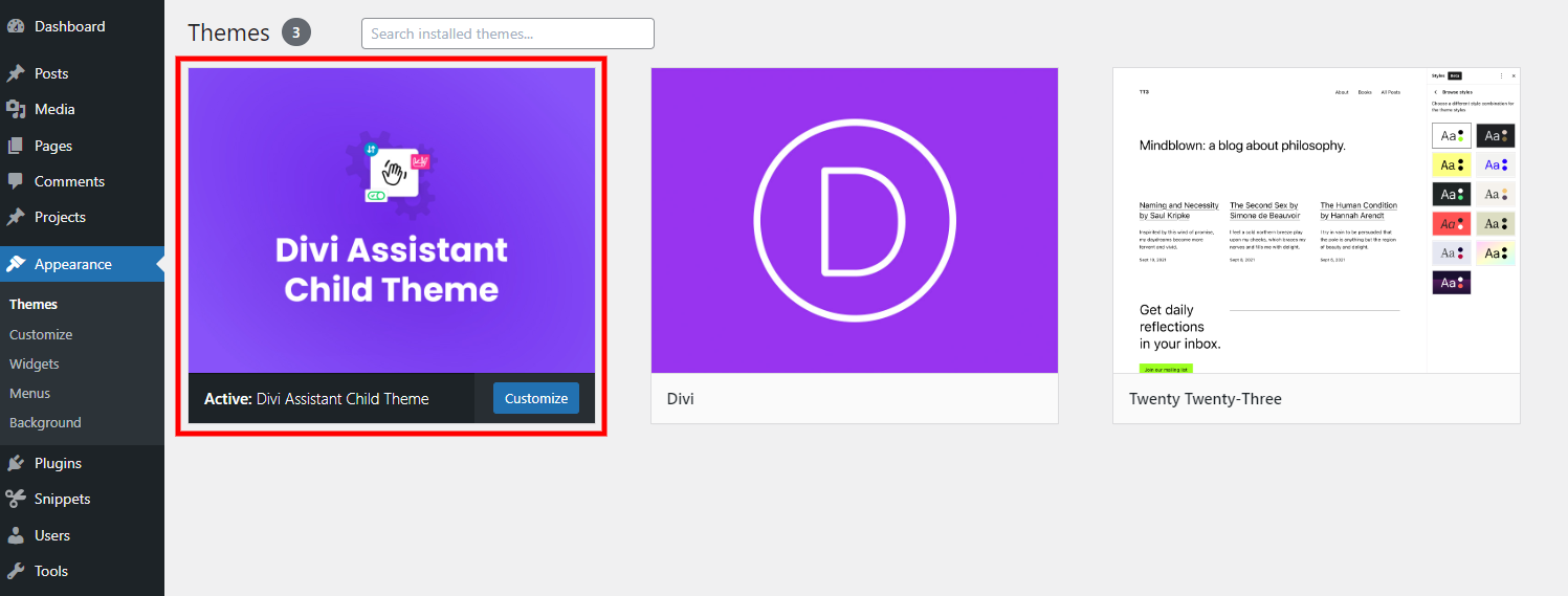 export the active Divi child theme