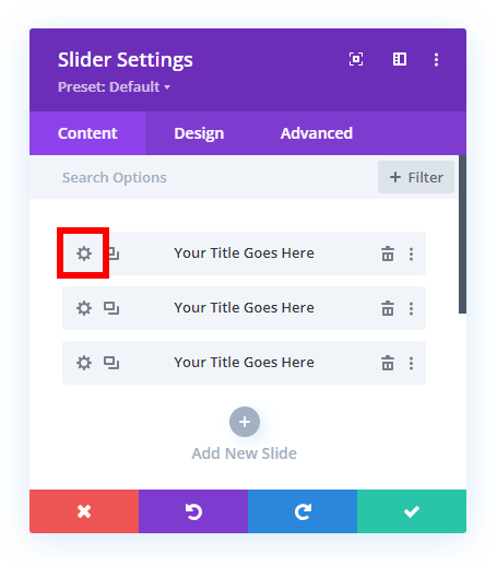 open the Divi slider individual slide settings to set the schedule