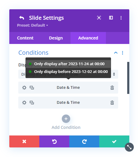 showing the conditions that are set to modify the slide visibility in the Divi Slider module
