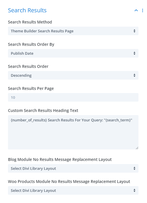 theme builder search results page settings in the Divi Search Helper plugin by Pee Aye Creative