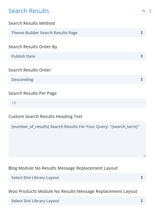 theme builder search results page settings in the Divi Search Helper plugin by Pee-Aye Creative theme builder search results page settings in the Divi Search Helper plugin by Pee Aye Creative